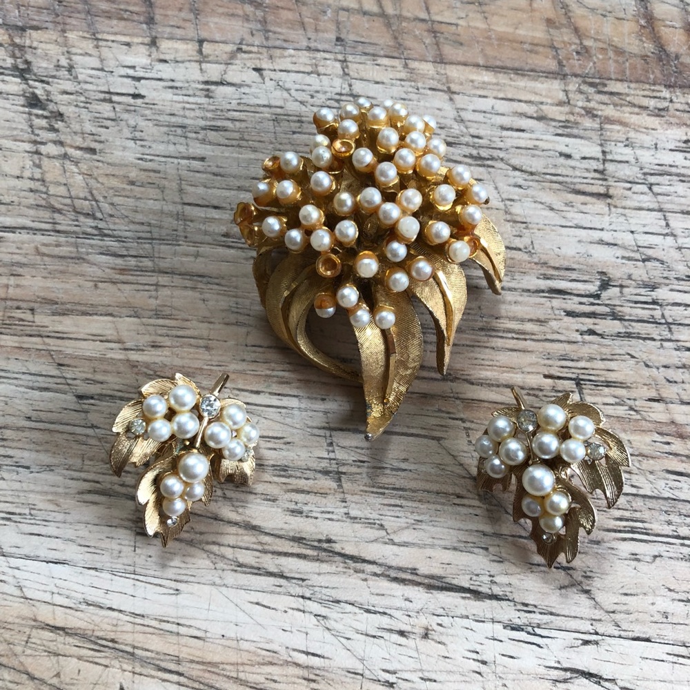 Vintage clip-on earrings and brooch